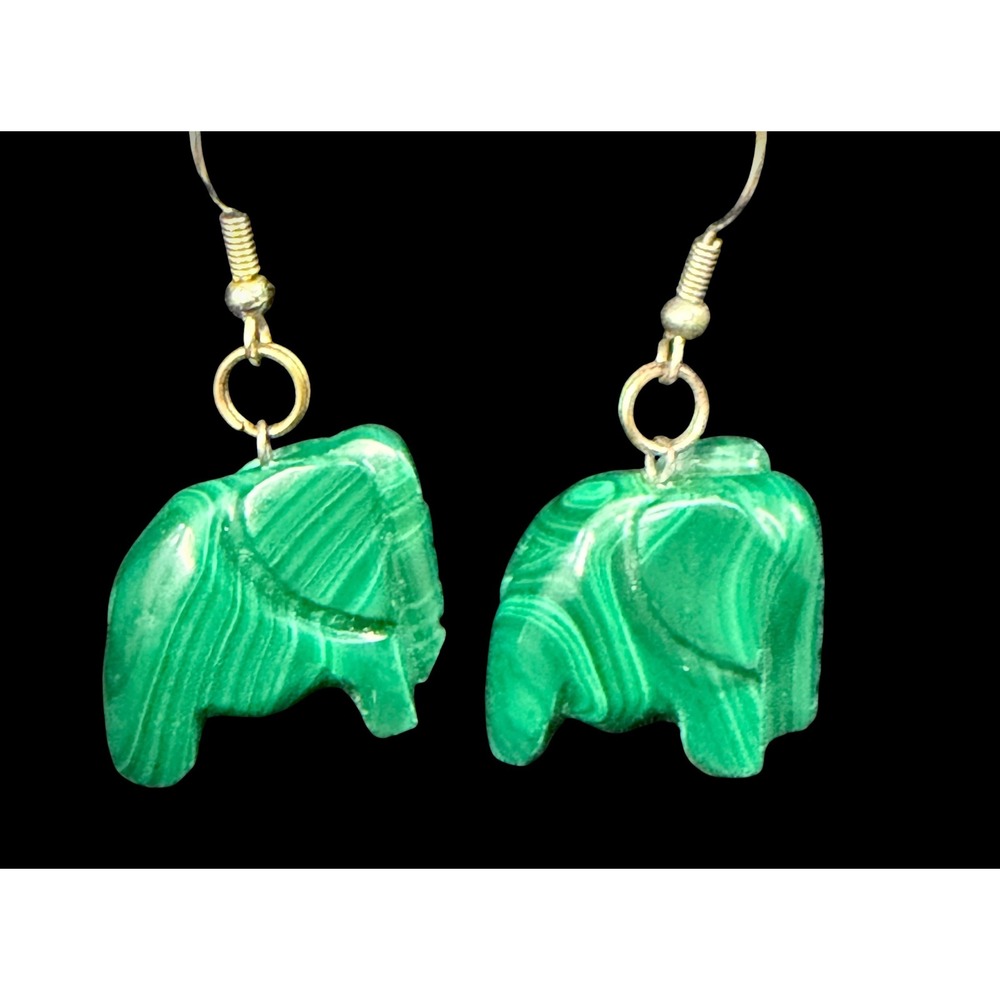 Vintage Genuine Carved Green Malachite Elephant Dangle Drop Earrings Good Luck